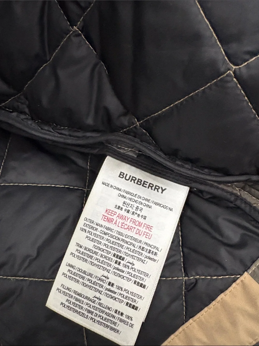Burberry Tan Plaid Quilted Puffer Jacket with Black Collar